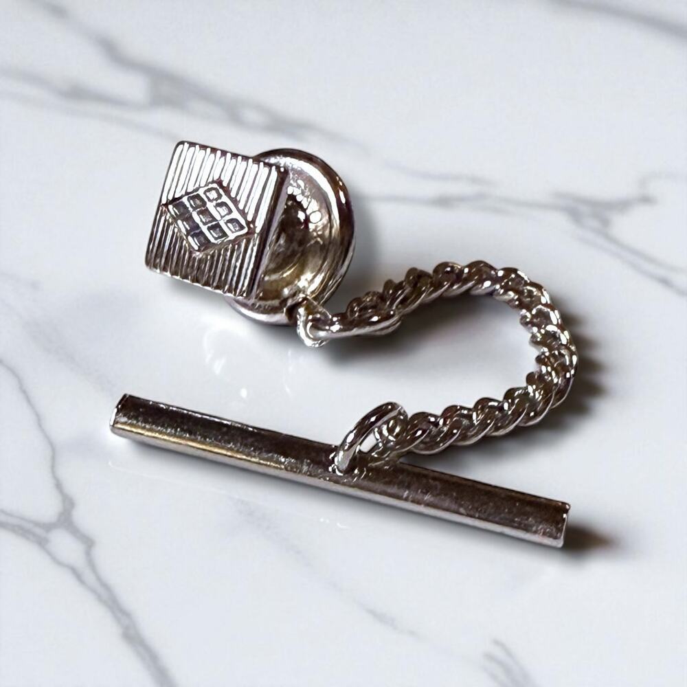 Vintage Hickok Tie Tack Mens Silver Tone Deco MCM Tie Pin with Chain